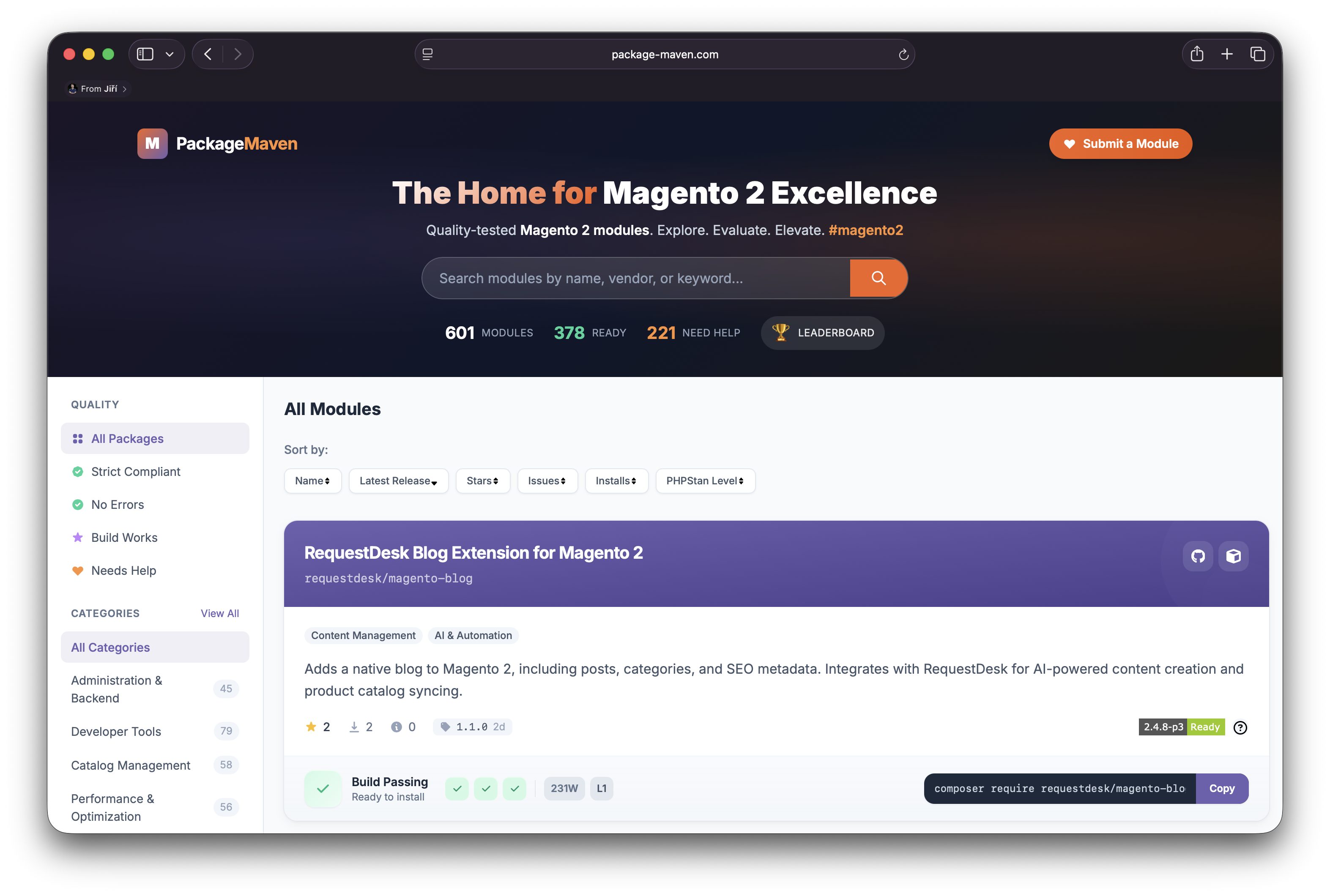 PackageMaven homepage showing Magento 2 module directory